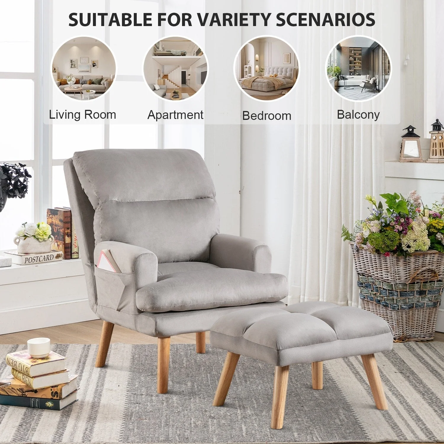 Soft Fabric Casual Living Room Armchair With Adjustable Backrest And Legs Stool
