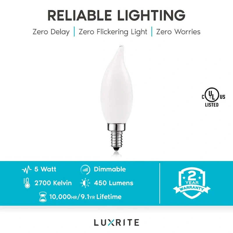 Luxrite 5W Frosted E12 LED Bulb 60W Equivalent, 2700K Warm White, 450 Lumens, Dimmable Candelabra LED Bulbs (12 Pack)