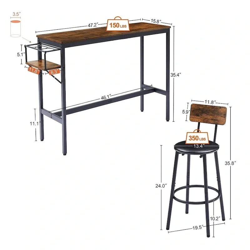 3 PCS Industrial Bar Table Set with Wine Rack