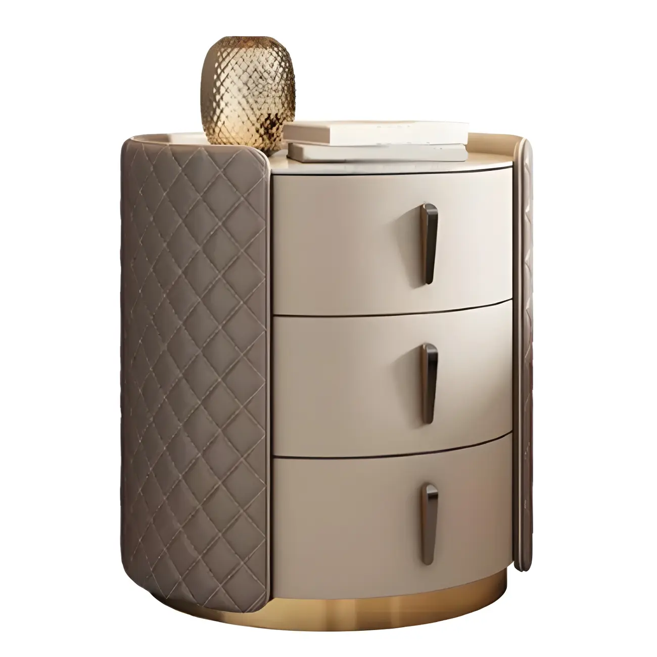 Modern Beige Faux Leather Nightstand with Drawers