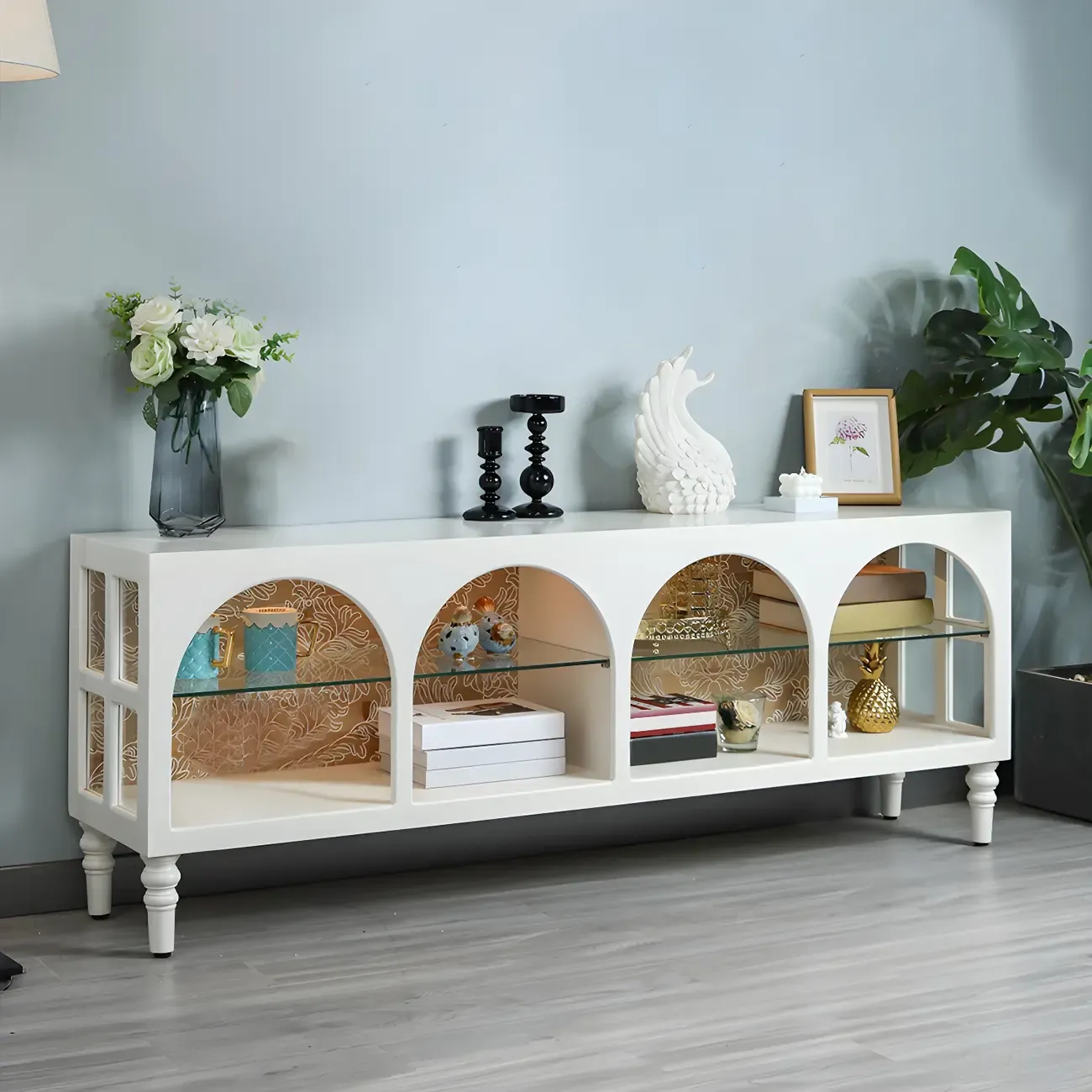 Rectangular White Wood Glass Shelf Display Cabinet