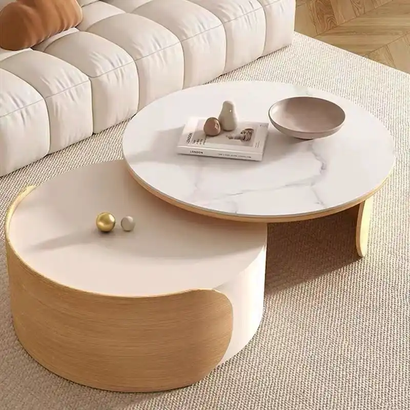Modern Round Coffee table, Stone Table-top, Natural Wood - 50 x 31.5