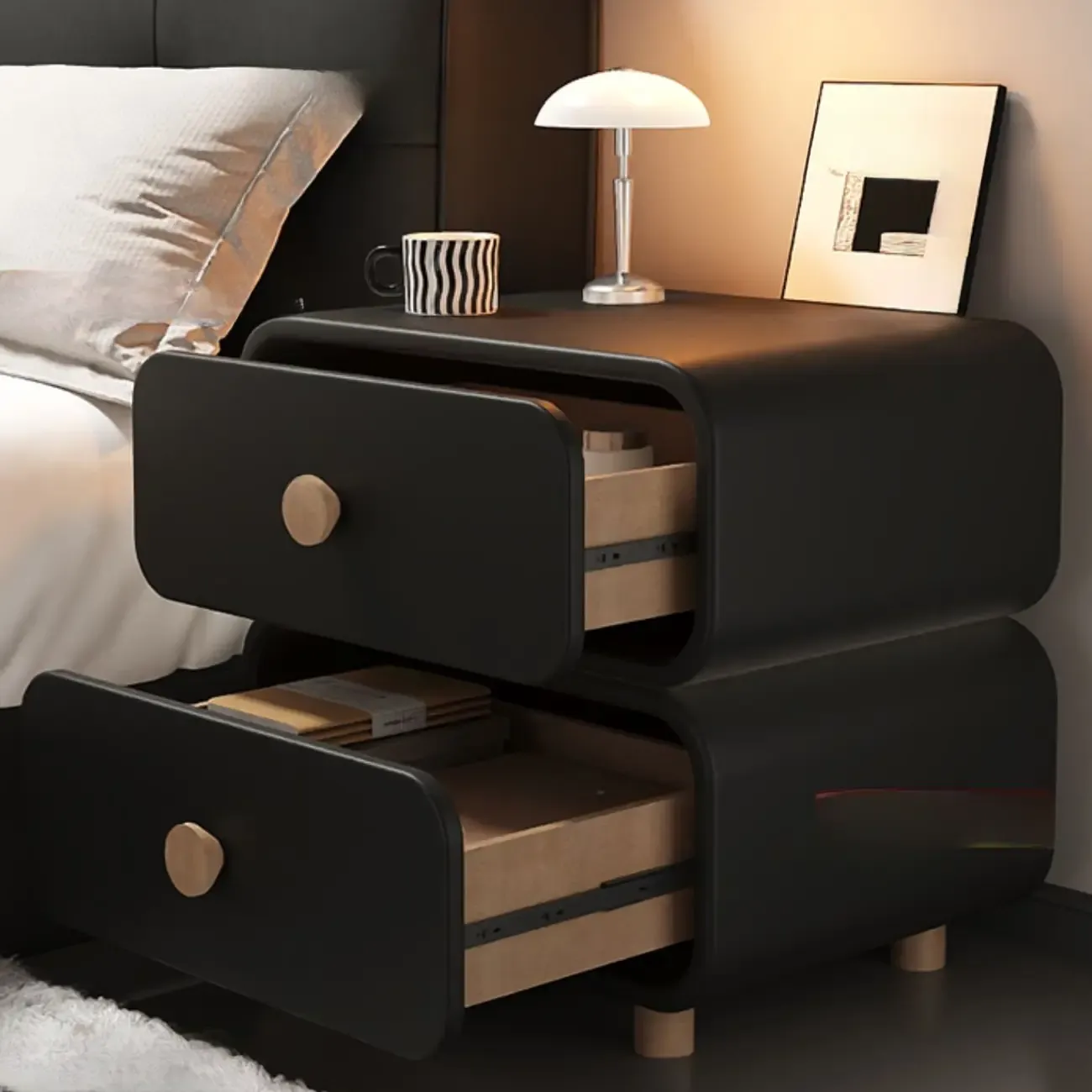 Solid Wood Leather-Top Black 2 Tiers Drawer Nightstand