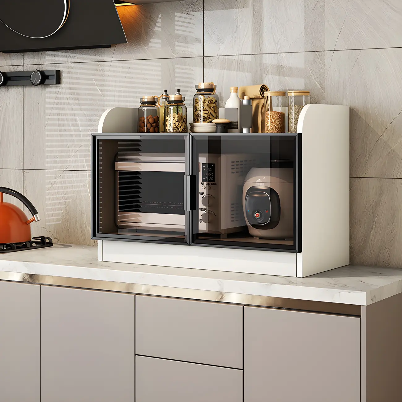 Modern White Wooden Sideboard with Glass Doors for Kitchen