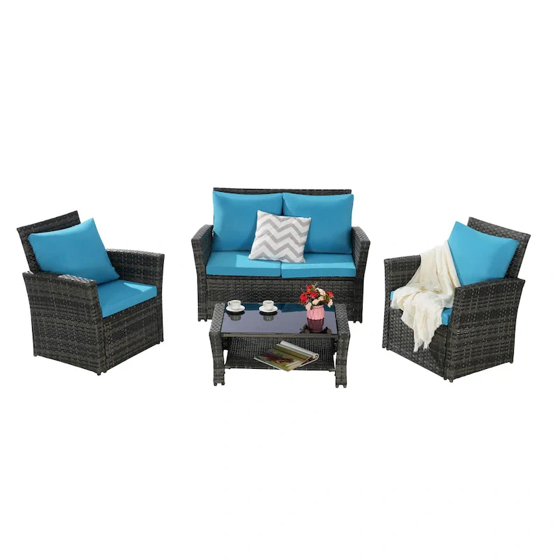 4-Piece Rattan Conversation Sofa Set with Glass Table