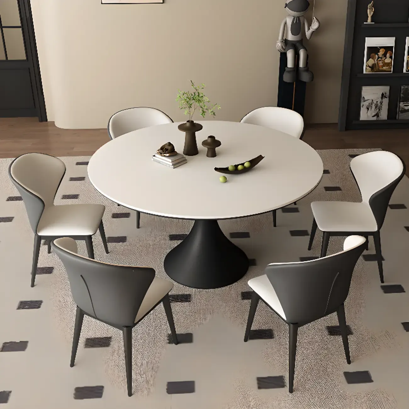 Modern Black Pedestal White Stone Top Round Dining Table