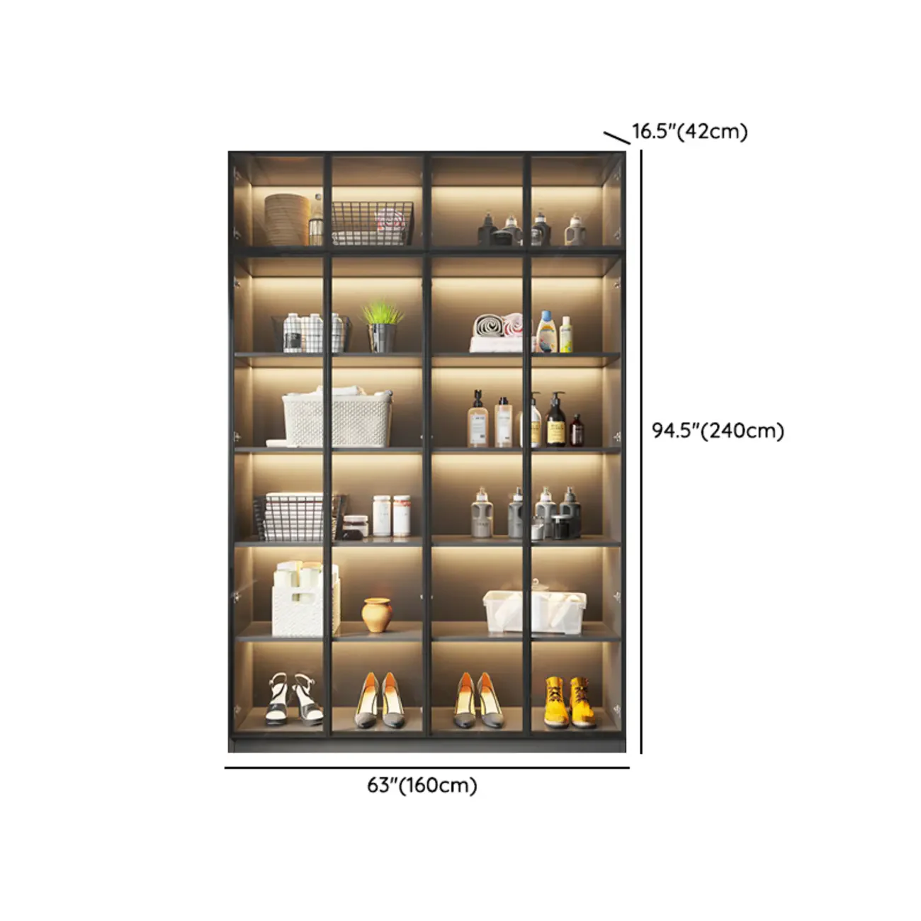 Freestanding Grey Wood Glass Display Cabinet with Light