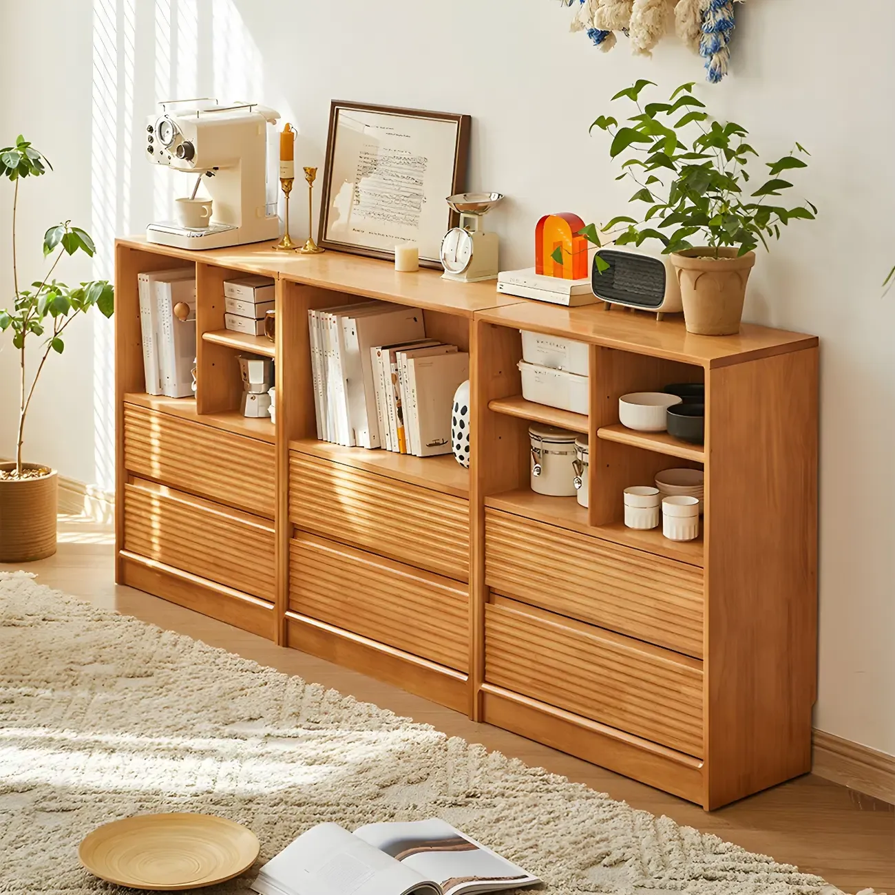 Scandinavian Light Wood 2-Shelf Bookcase with Drawers