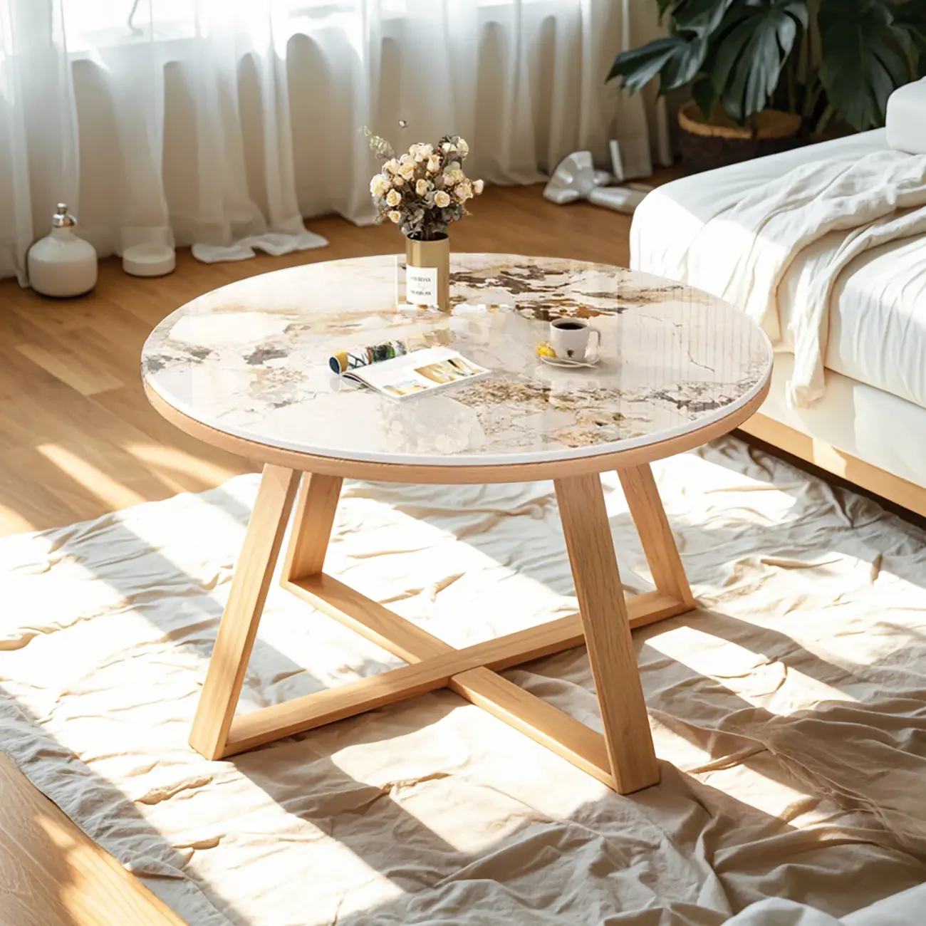 Modern Marble Round 2 Nesting Coffee Table Set with Wood Base