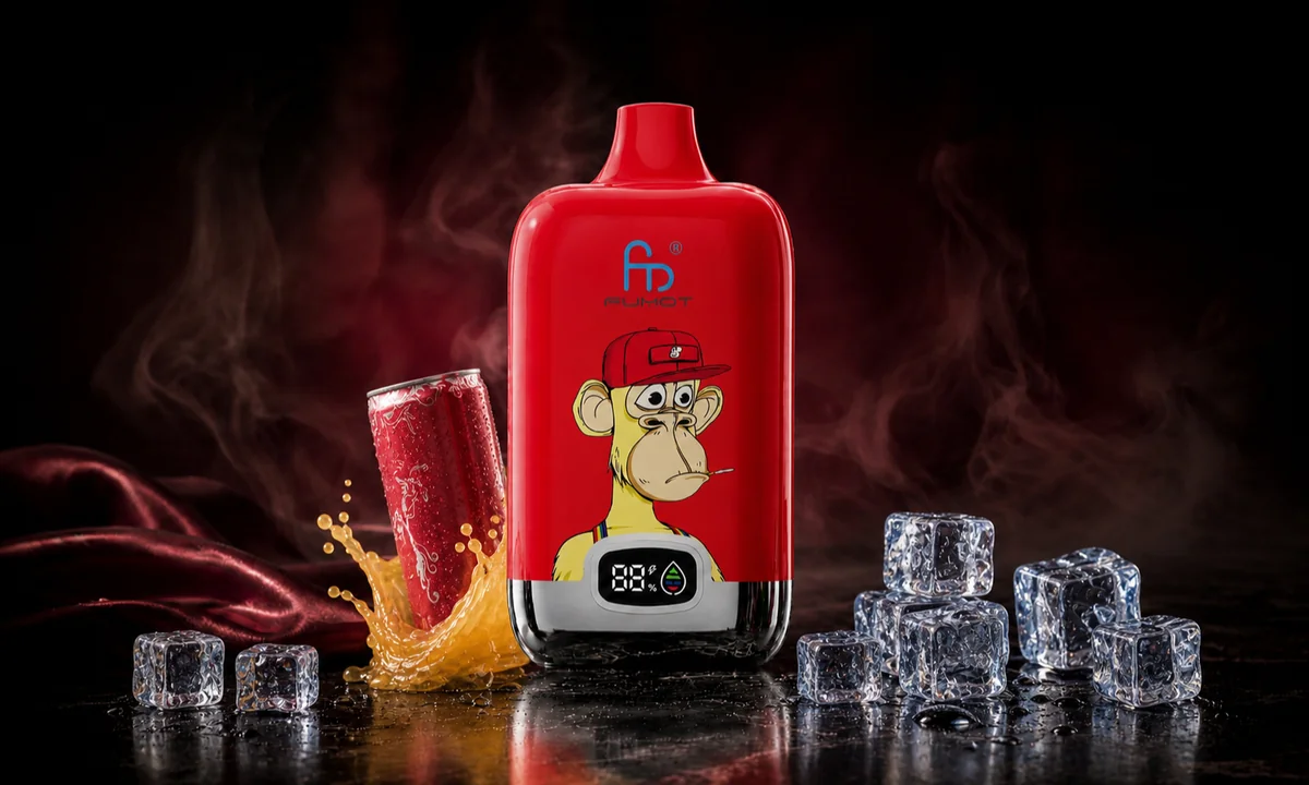 Fumot Digital Box 12000 Red Energy Ice Vape in einer dunklen Rauchszene