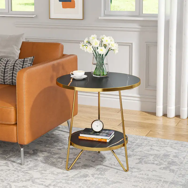 Marble Gold End Table Side Table with Shelves