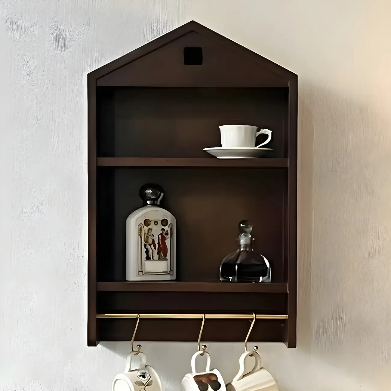 Classicial House-shaped 2 Shelves Floating Wood Display Cabinet