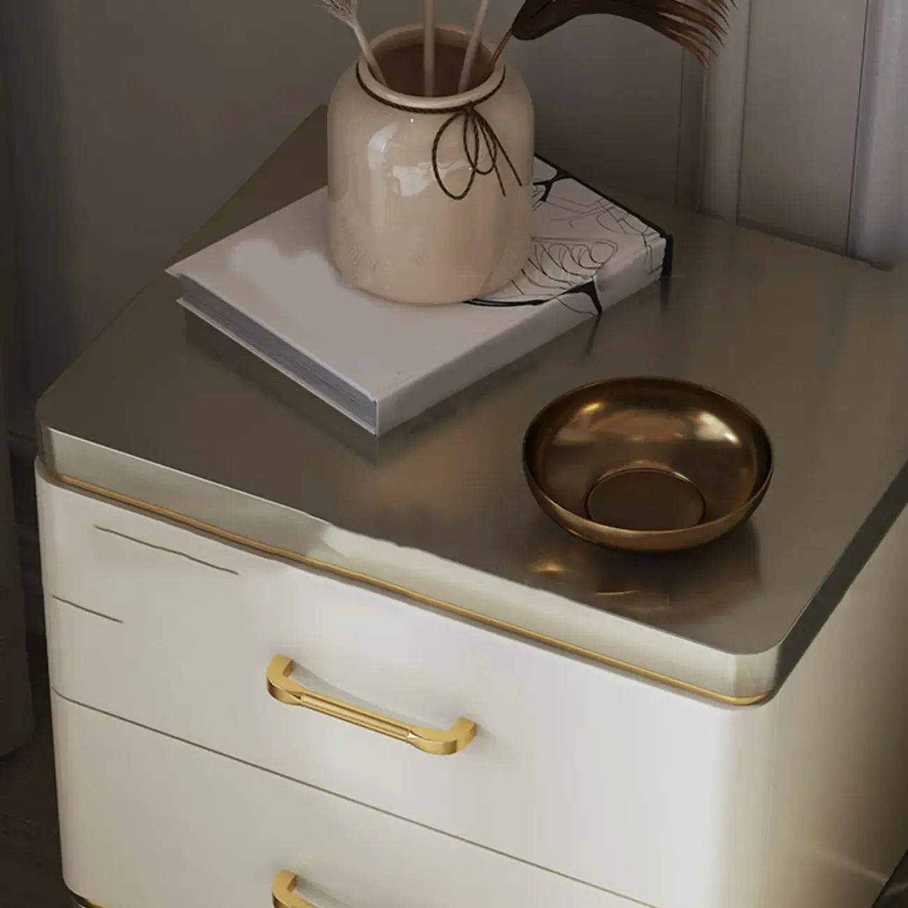 Glam Gold White Metallic Top 2-Drawer Nightstand