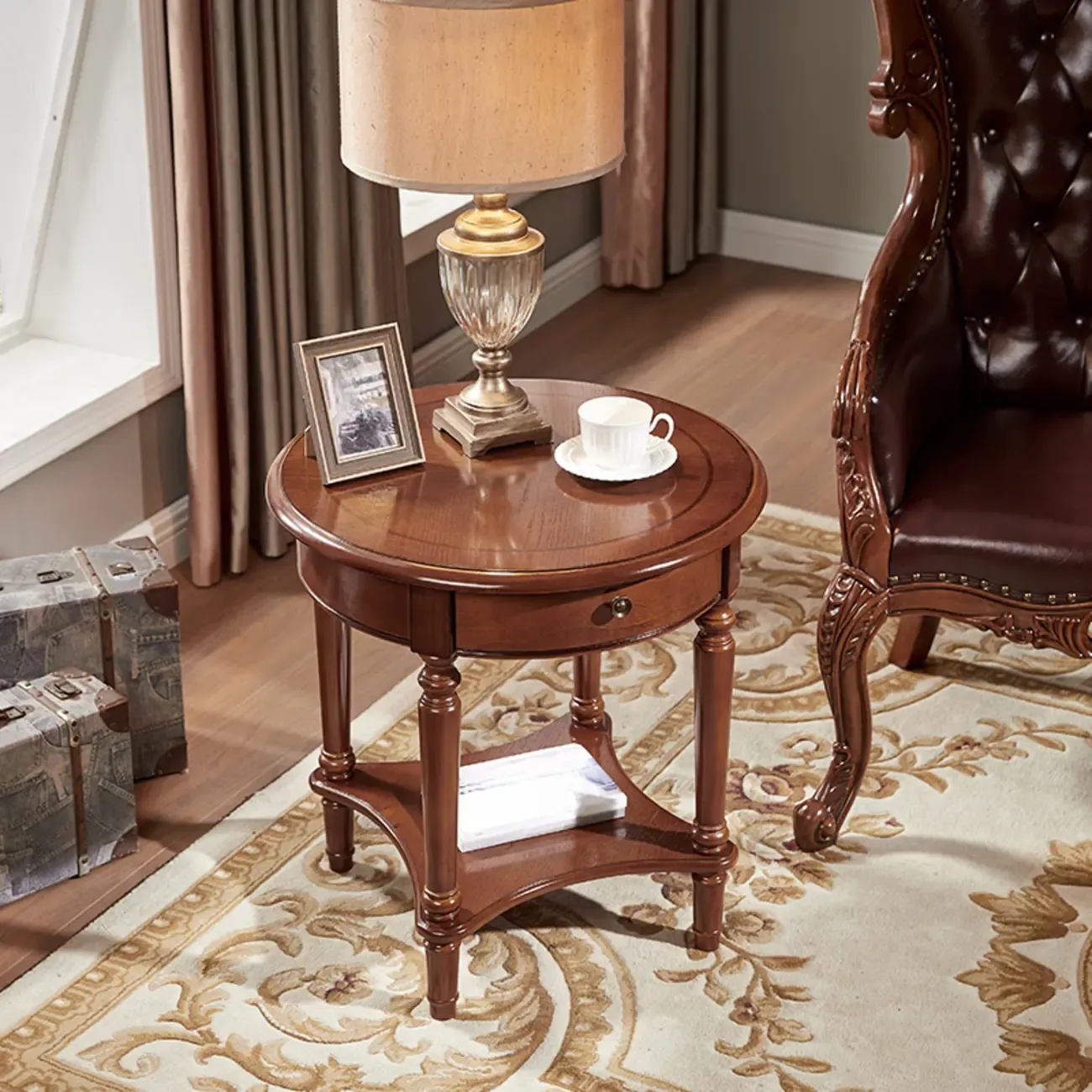 Classic Wood Round End Table for Living Room with Storage