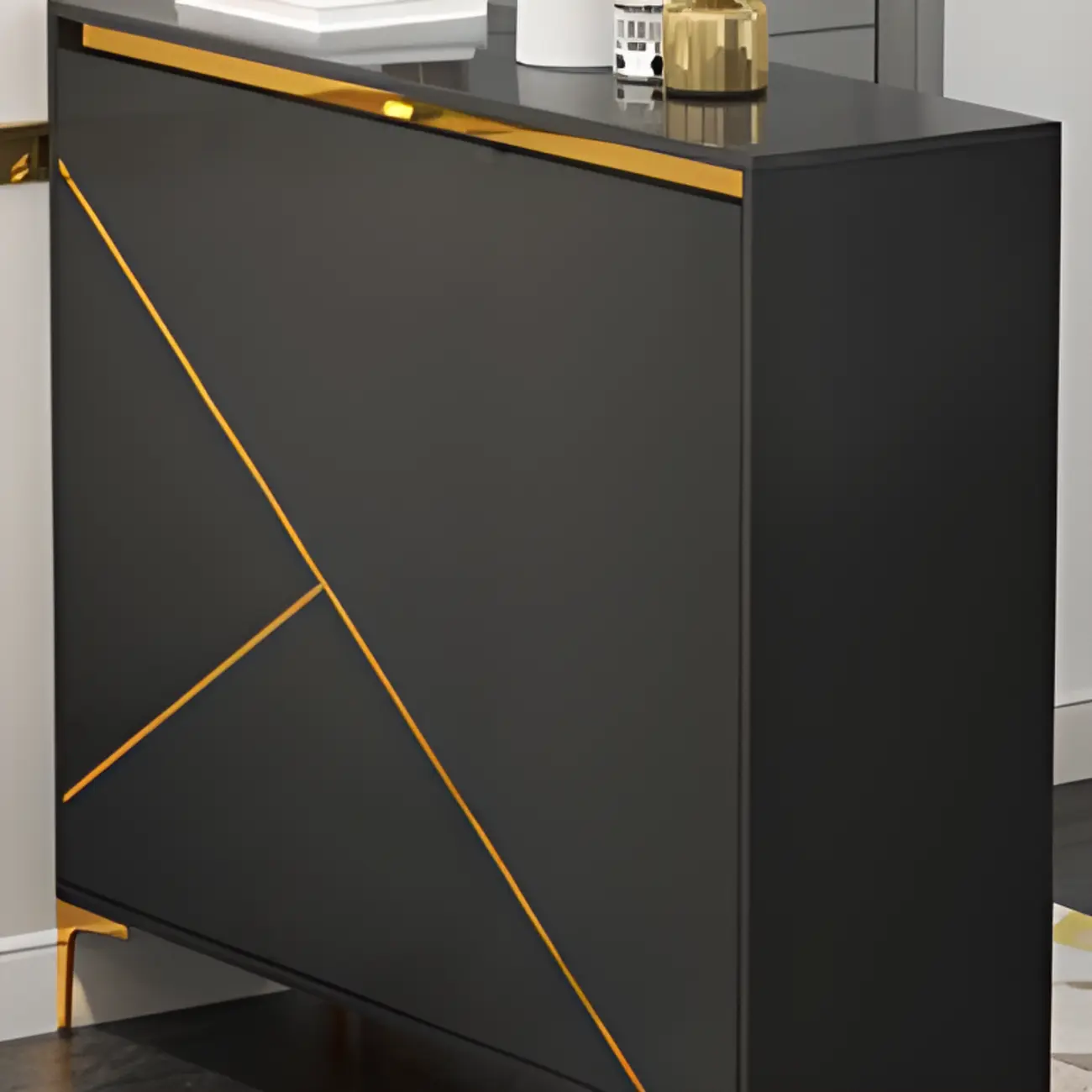 Trendy Gray Wood Shoe Cabinet with Drawers & Display Top