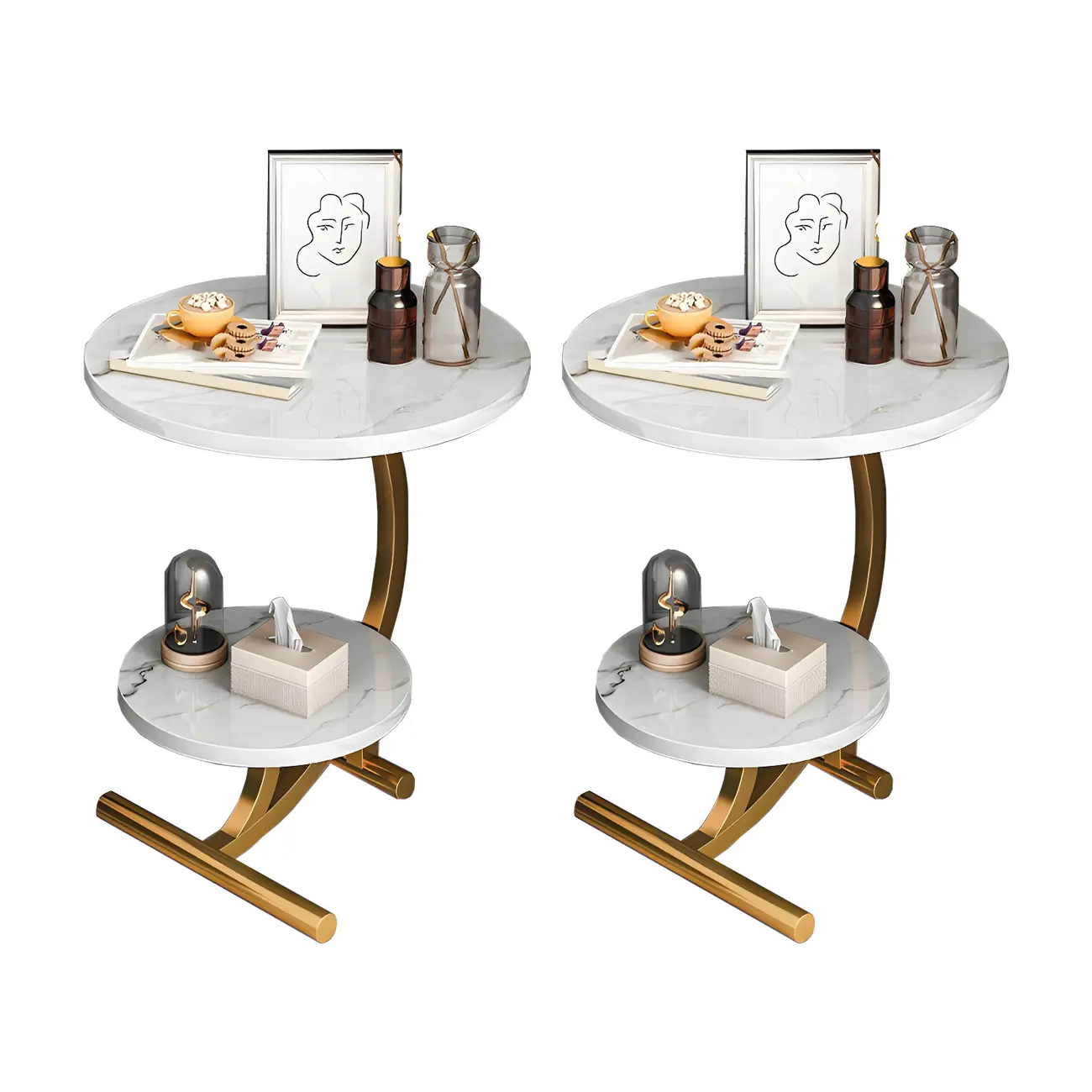 Modern Metal Frame Elegant Round Double Layer Nightstands