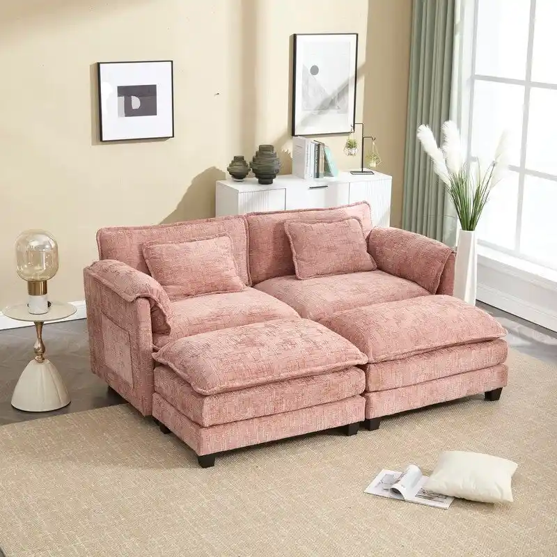 76.77 Chenille Upholstered Sofa with 2 Ottomans