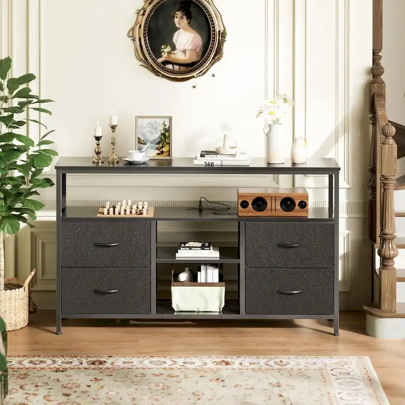 LED TV Stand with Power Outlets, 4 Drawers & Open Shelf, Black PU Finish