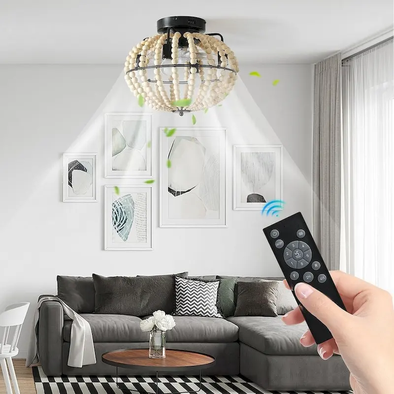 Modern Wooden Beaded Fan Light with Remote, Oak White