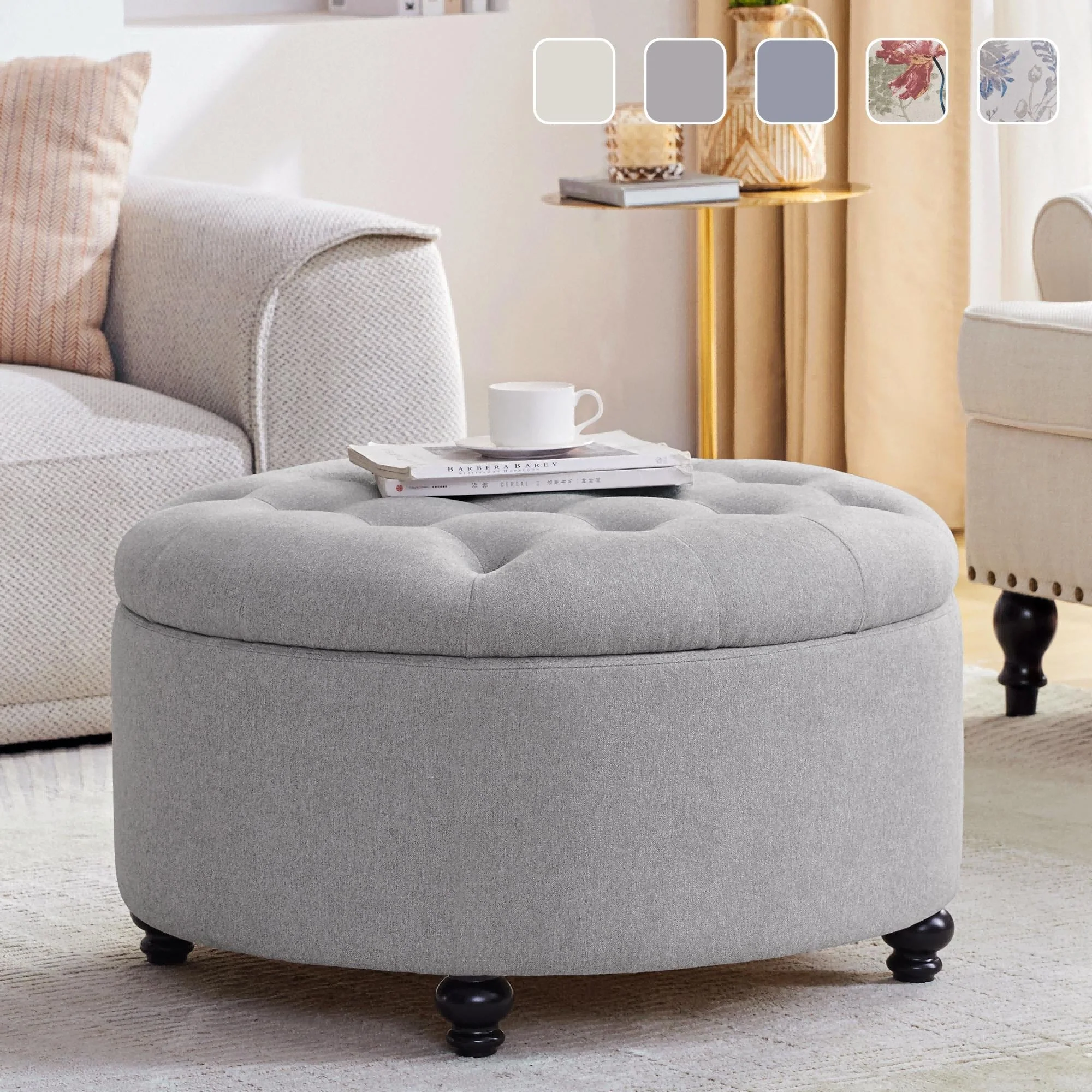 Tufted Large Round Storage Ottoman Footrest Beige/ Grey/ Blue