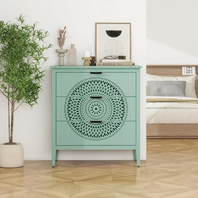 Hollow-Carved 3-Drawers Nightstand with Metal Handles