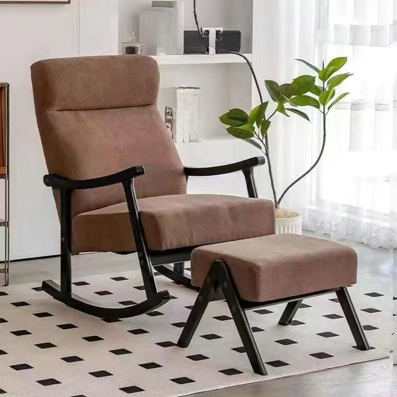 Modern Wood Upholstered Rocking Chair with Optional Ottoman