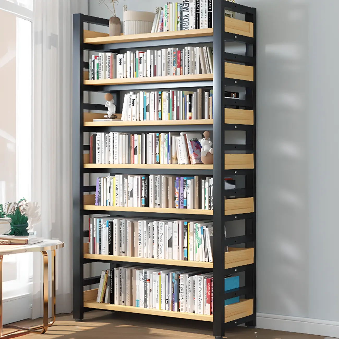Freestanding Simple Multi-Layer Wood Bookshelf in Steel Frame