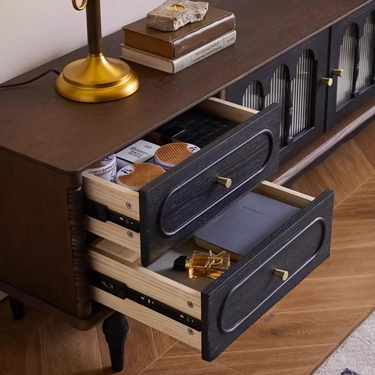 Cable Management Art Deco Wood TV Stand with Drawers