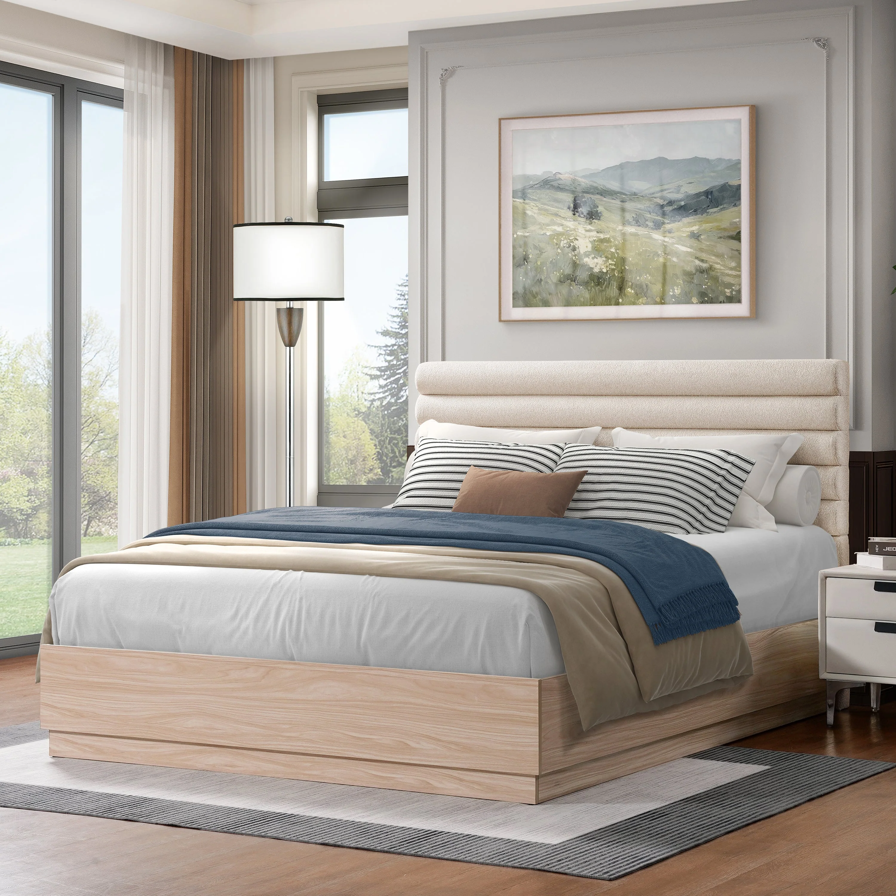 Boucle Fabric Upholstered Headboard Queen Wood Bedframe