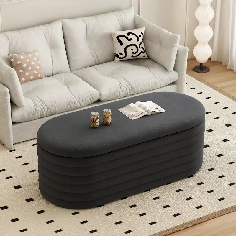 Storage Chenille Ottoman Bench Upholstered Fabric Storage Bench End of Bed Stool with Safety Hinge