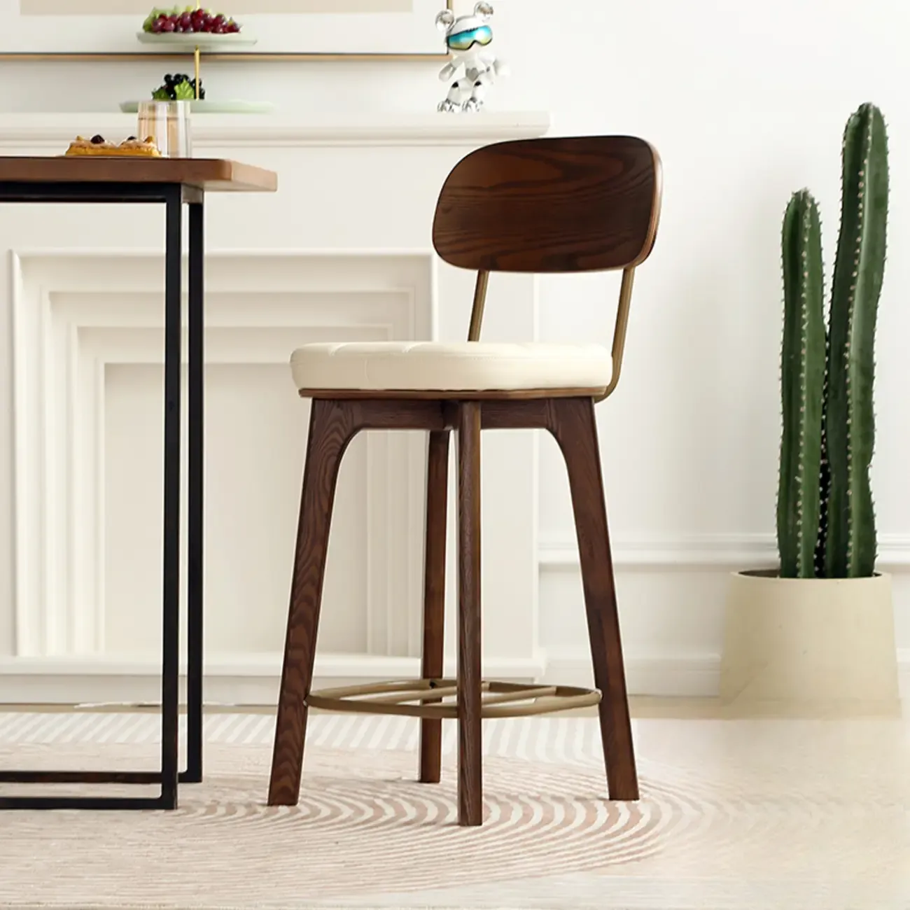 Wooden Square Leather Upholstered Bar Stool with Backrest