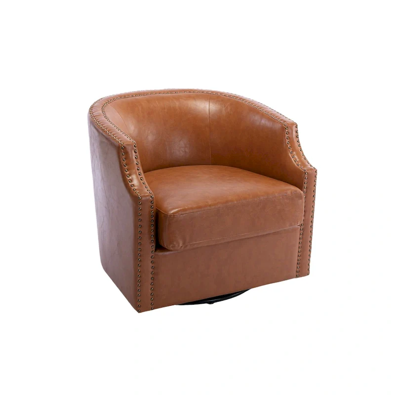 GALDWIN PU Leather/Linen Upholstered 360Degree Swivel Rivet Barrel Chair for Living Room