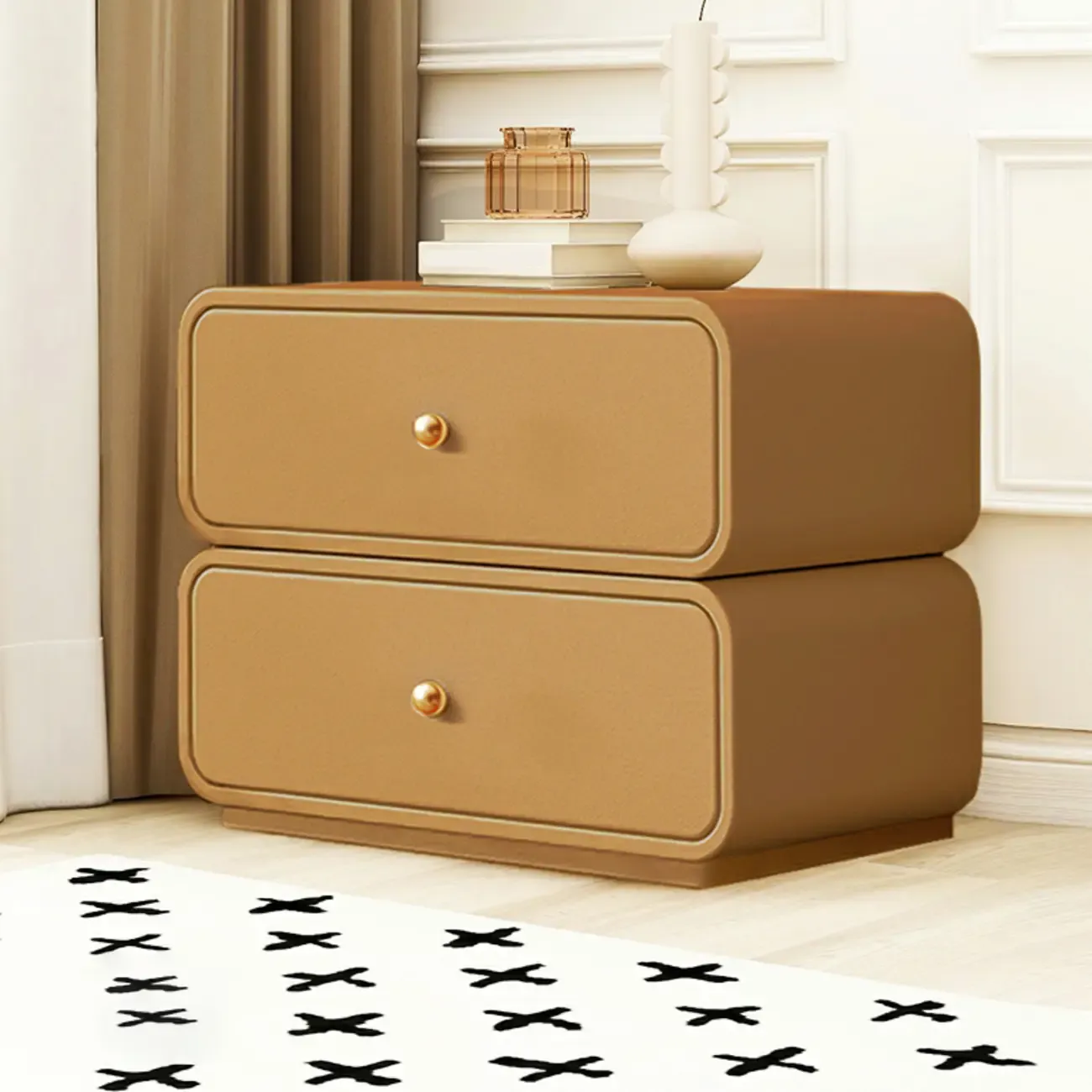 Modern White Faux Leather Rounded 2-Drawer Nightstand