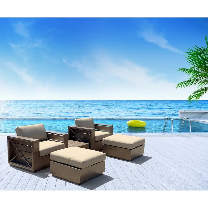 Modern Rustic Patio Club Chairs with Ottomans Set of 5