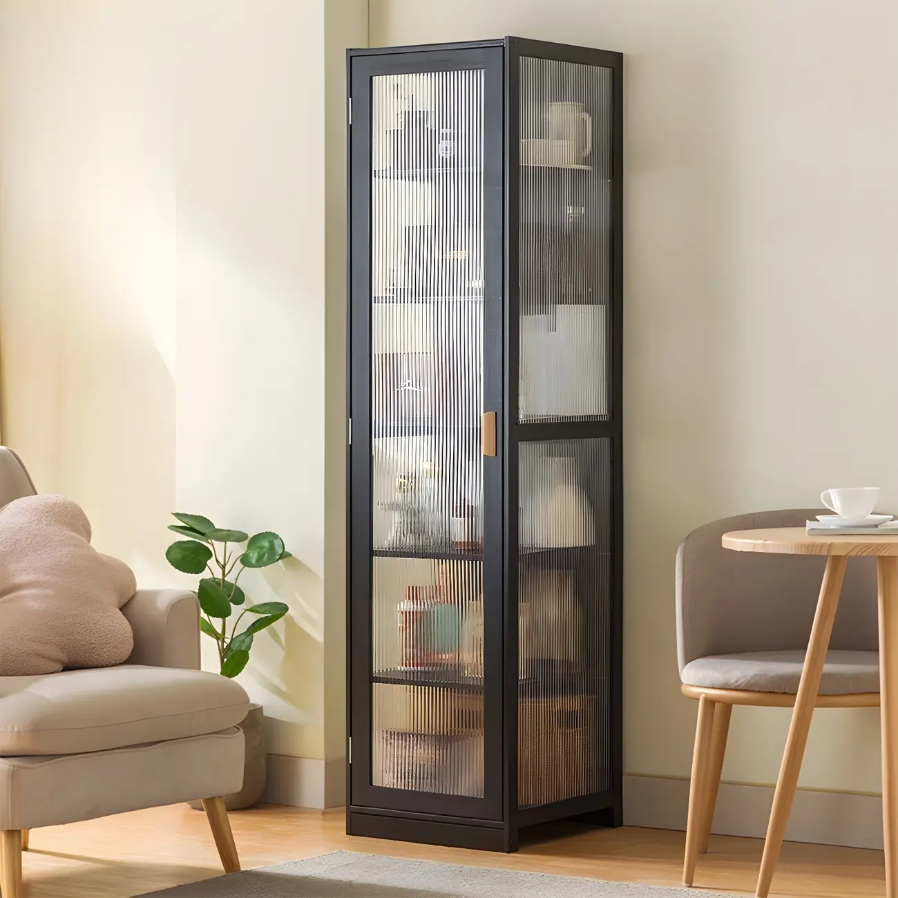 Narrow Adjustable Scandinavian Bamboo Glass Curio Cabinet