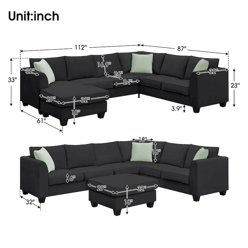 112*87 Sectional Sofa Couches Living Room Sets 7 Seats Modular Sectional Sofa with 3 Pillows, Black