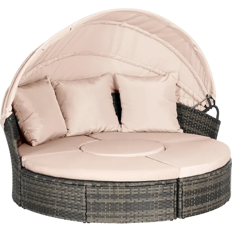 5-Piece Round Daybed Sunbed with Canopy & Removable Cushions