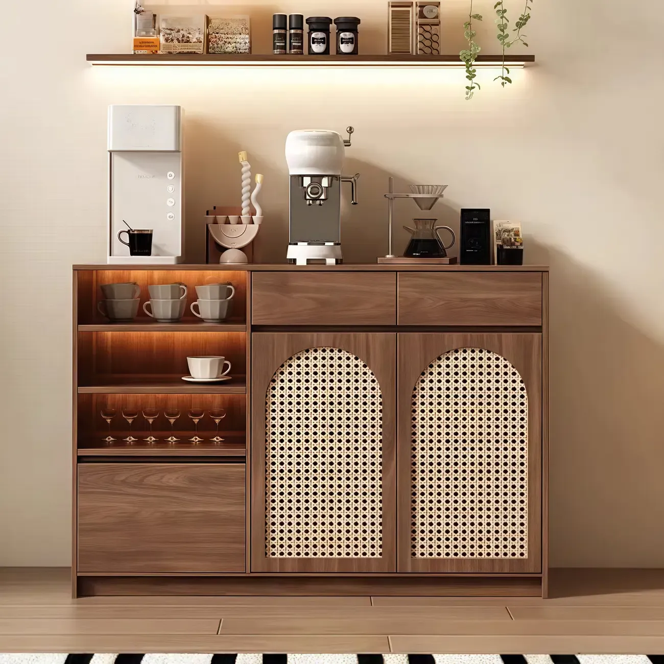 Medium Wood Rattan Kitchen Storage Cabinet in Natural Finish