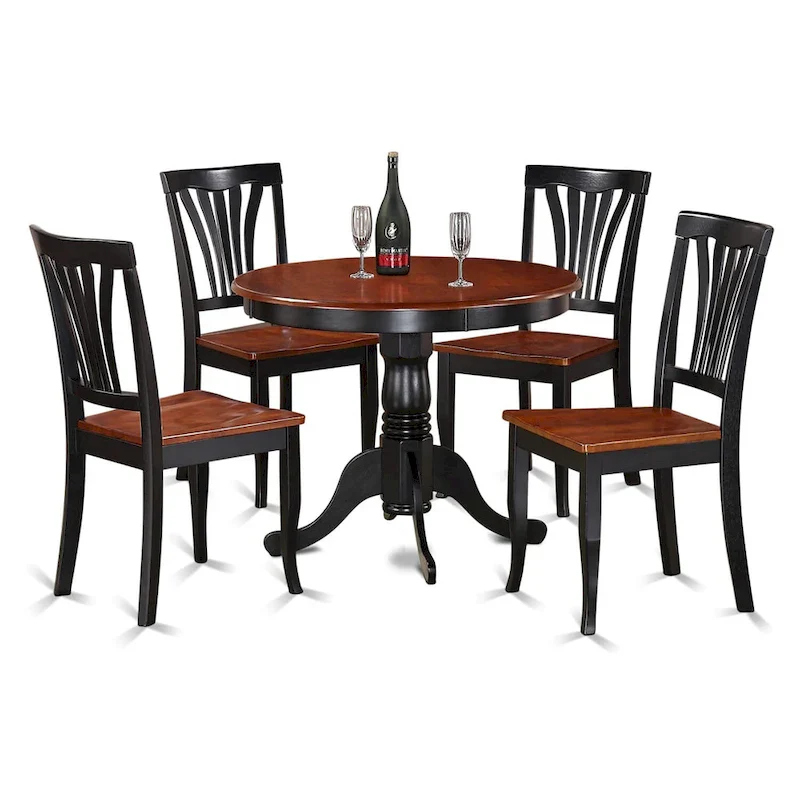 East West Furniture ANAV5-BLK-W 5 Piece Kitchen Table Set- a Round Dining Room Table and 4 Dining Chairs, Black & Cherry