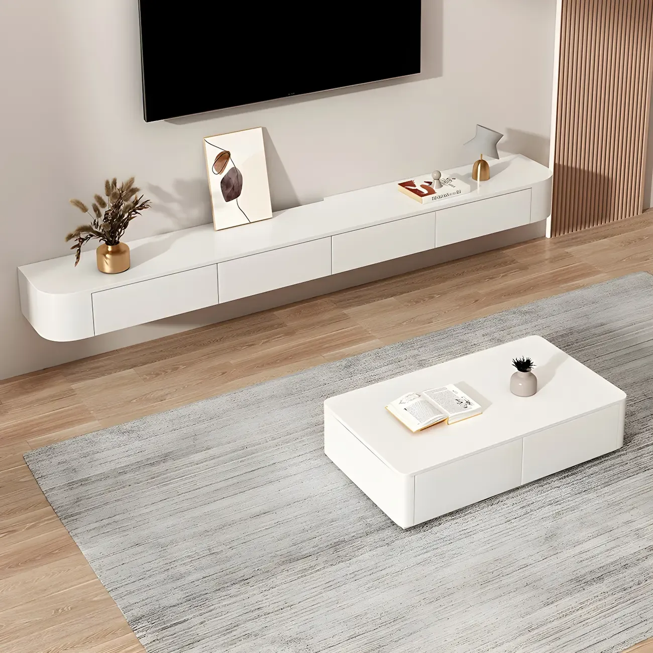 Modern Solid Wood Floating TV Stand with Drawers