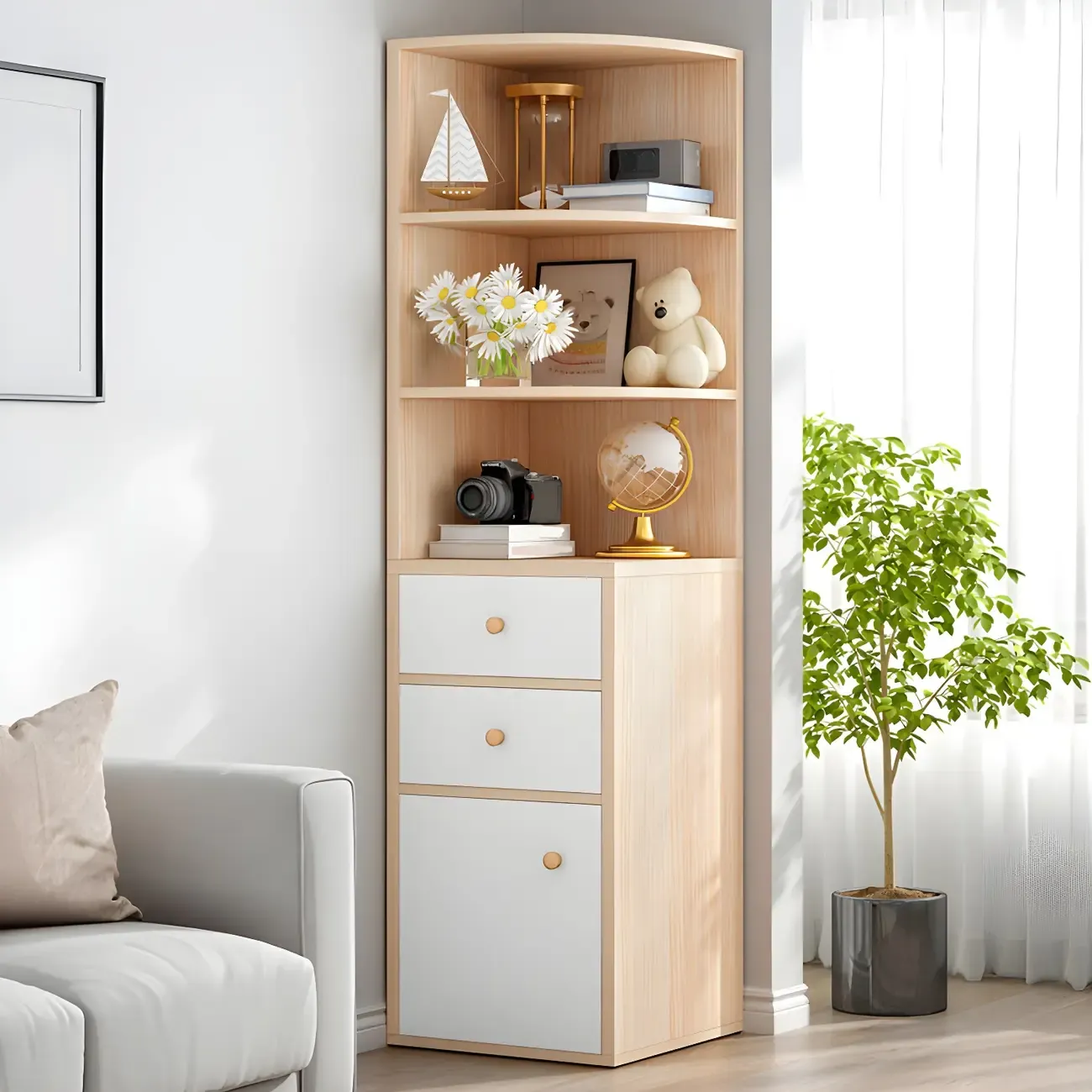 Contemporary White Wood Corner Bookcase with Cabinet