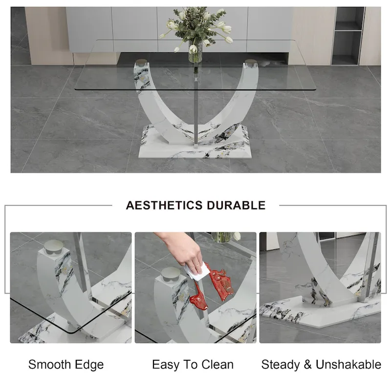 Modern Tempered Glass Dining Table Set with U-shaped Marble Pattern Base and PU Upholstered Chairs