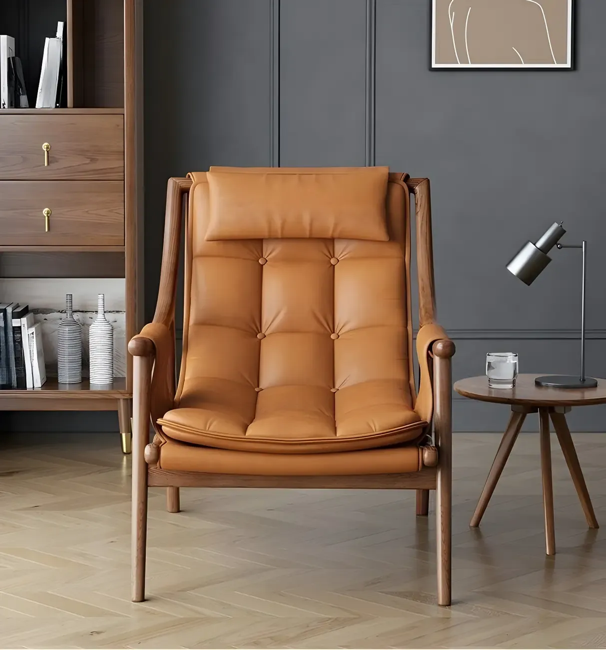 Contemporary Leather Accent Chair with Wood Frame