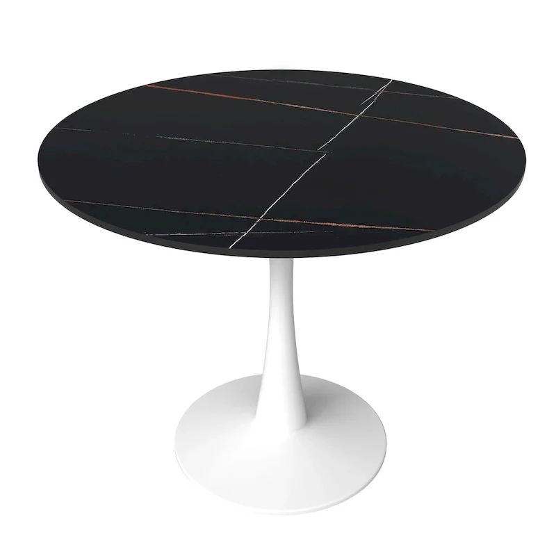 Bristol Round Dining Table for 4, 35 Sintered Stone Tabletop with White Stainless Steel Pedestal Base