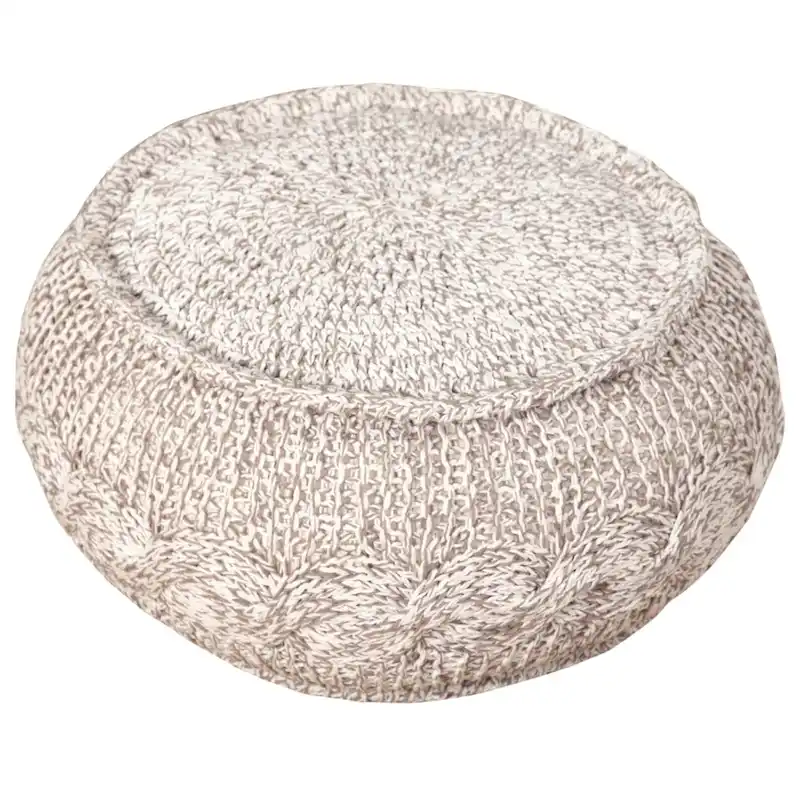 20 Inch Beige Cotton Pouf Ottoman with Geometric Design for Living Room