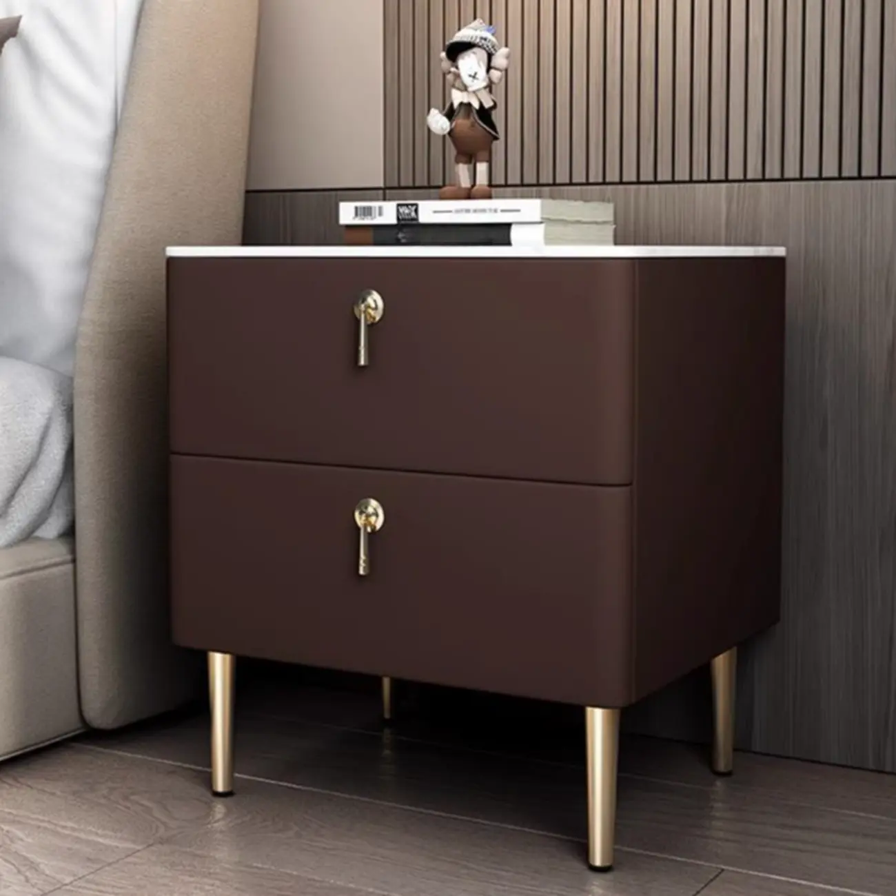 Modern Stone Top Gold Accents Leather 2 Drawer Nightstand