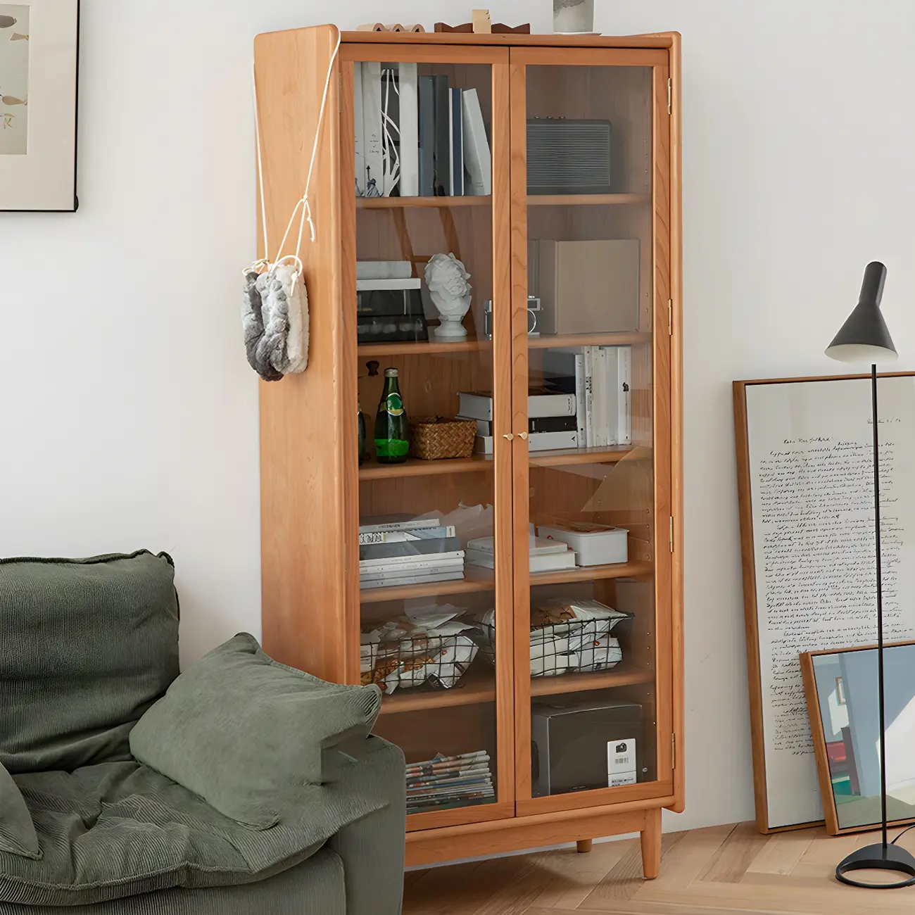 Adjustable Shelves Cherry Wood Glass Door Display Cabinet