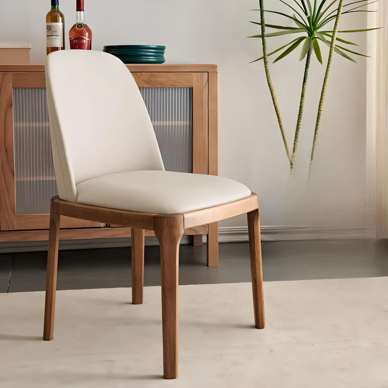 Cream Wood Faux Leather Solid Back Dining Chair