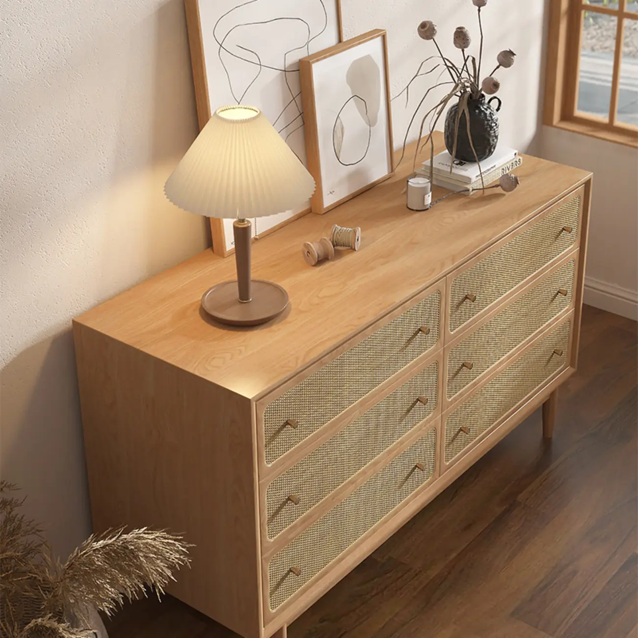 Tropical Wooden Dresser with Drawers and Gold Handles