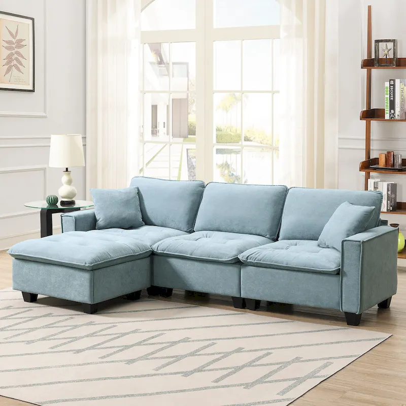 Blue 100 L-Shaped Convertible 4-Seat Sectional Sofa with Removable Ottoman and Matching Pillows, Ideal for Living Room Use